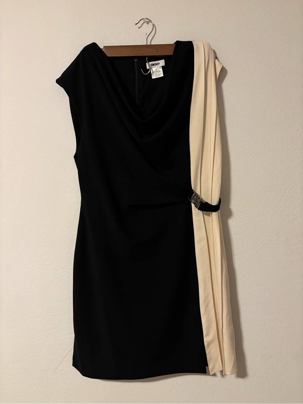 DKNY Black and Cream One-Shoulder Draped Sheath Dress